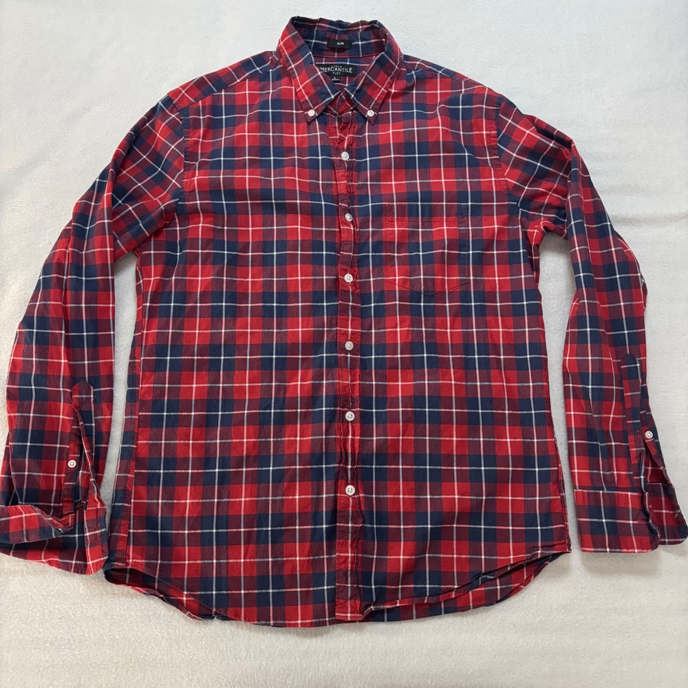 J.Crew Mercantile Flex Slim Fit Plaid Button Down Shirt Red Navy Blue Large